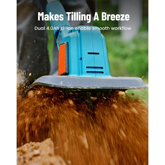 Electric Tiller for Gardening 300 RPM Rototiller Cordless Cultivator Total 8000mAh Battery Powered Garden Tiller 4 Pcs Blades for Smooth Tilling&Cleaning, Handheld Tiller for Raised Garden Beds