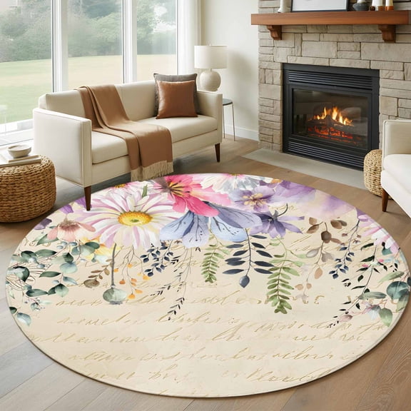 Round Rug 5Ft Washable Non-Slip, Wild Flowers Circle Area Rugs for Living Room Bedroom, Vintage Country Floral Leaf Plant Beige Indoor Floor Mats Carpet Runner for Home Decor Aesthetic