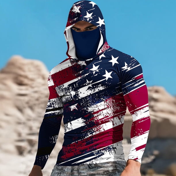 Ceisia Distressed Flag Print Hooded Top Men's Slim Fit Long Sleeve UV Protective Face Mask Shirt Black XXXL Gifts