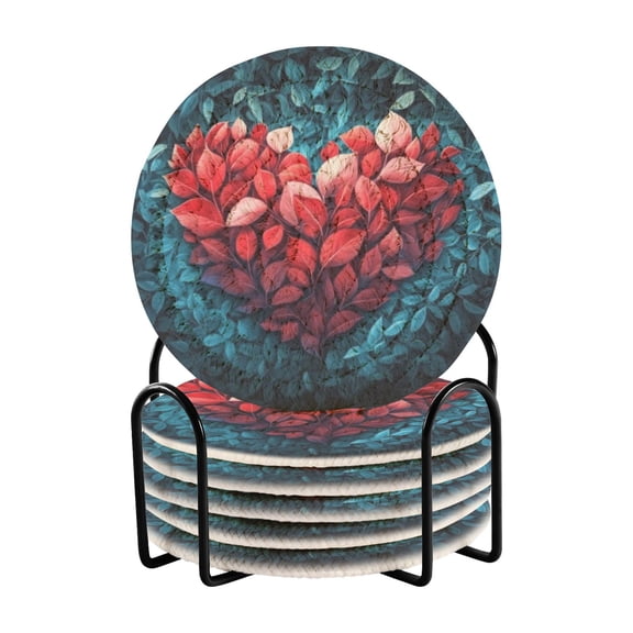 Haosy Set of 6 Drink Woven Coaster with Holder Heat Resistant Non-Slip Bar Coasters 4 Inches Leaves Heart