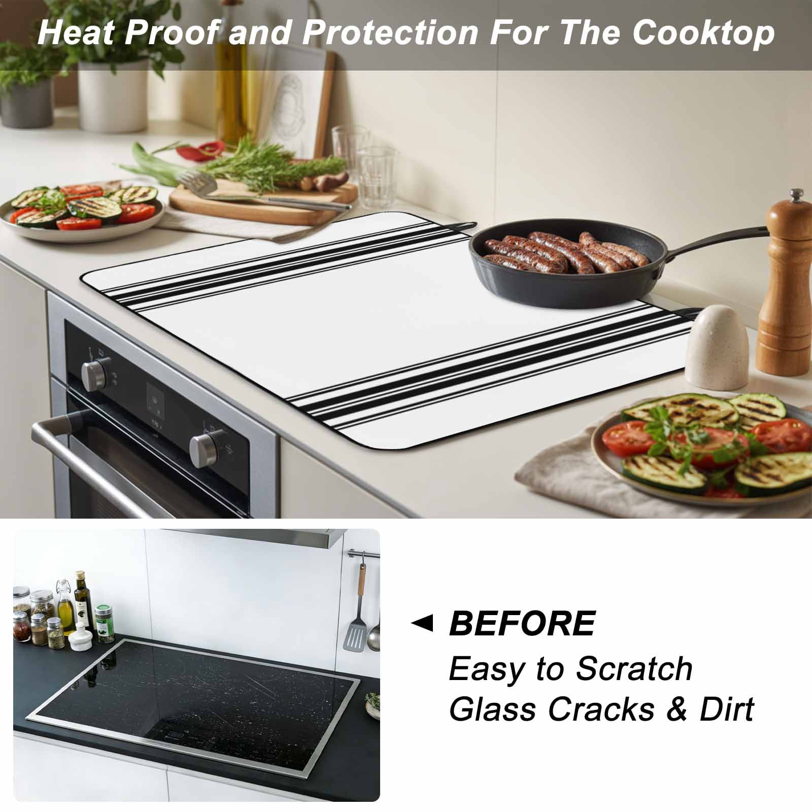 Black White Stripe, Stove Top Cover for Electric Stove, Heat-proof & Non Slip Glass Top Stove Cover Protector, Abstract Geometric Kitchen Flat Cooktop Rubber Mat 24x21 Inches