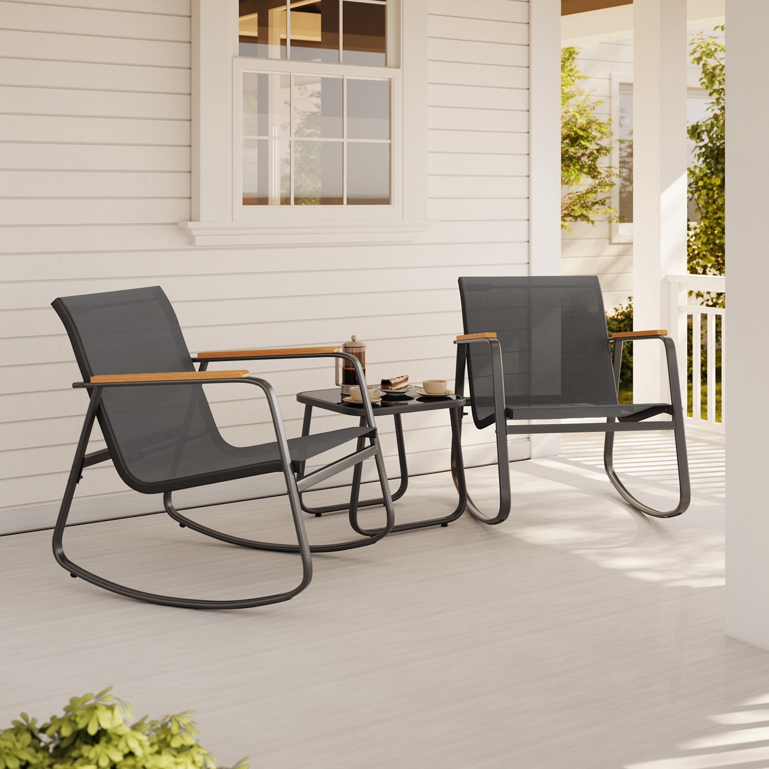 Asofer 3-Piece Patio Furniture Set, Rocking Chair with Soft Cushion and Coffee Table, for Garden, Balcony, Backyard, Black