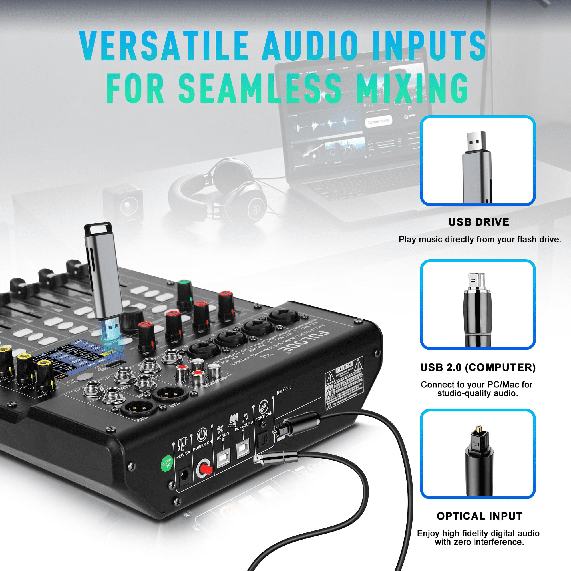 Digital Mixer 8 Channel Compact Audio Mixing Console with 16 DSP Effects, Professional 6-Band EQ DJ Music Sound Mixer with 2.0 USB Port, Bluetooth & PC Debugging for Recording Live Performance
