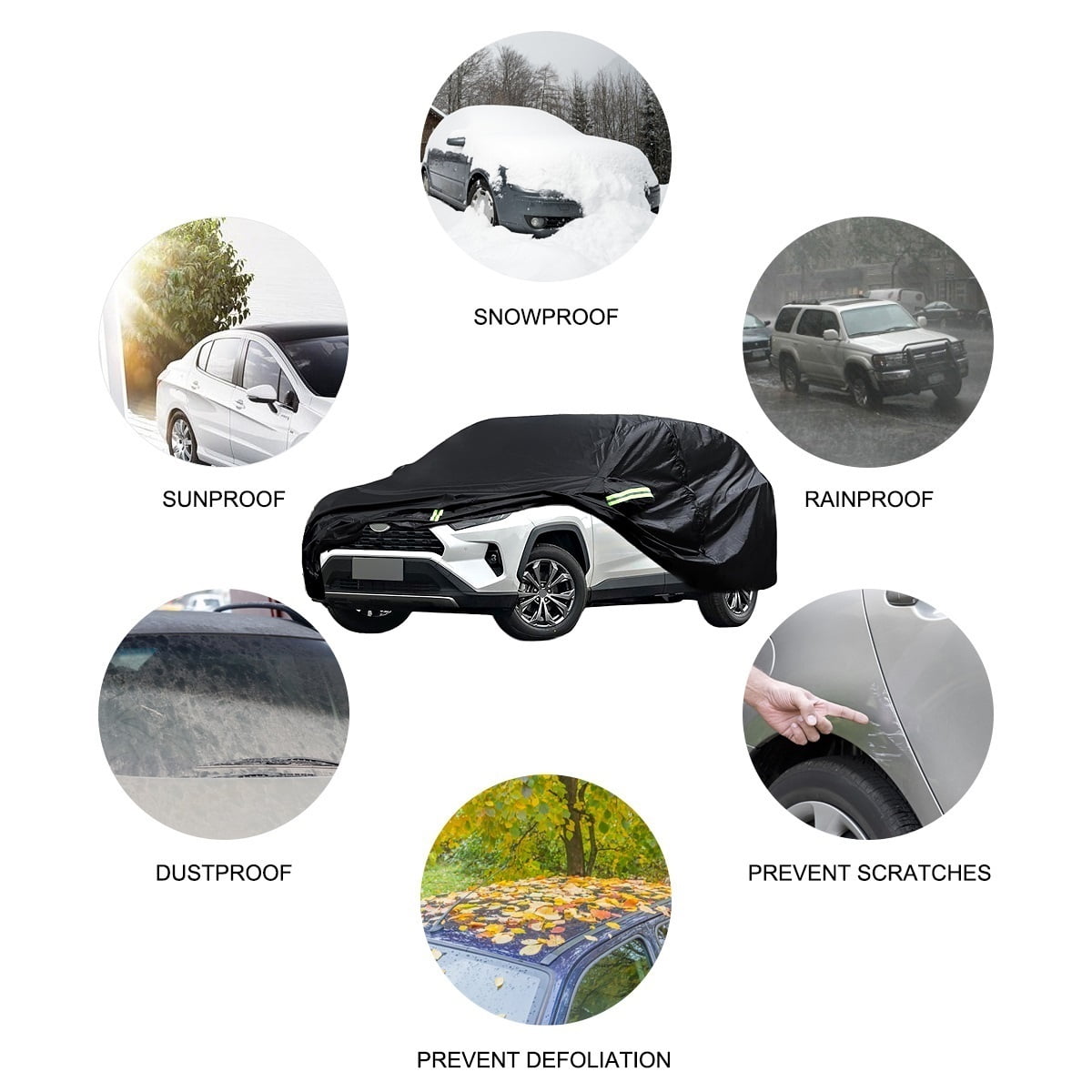 Car Cover Fit for Toyota RAV4, SUV Full Car Cover with Reflective Stripes Storage Bag Driver Door Zipper, Windproof Waterproof All Weather Protection Black