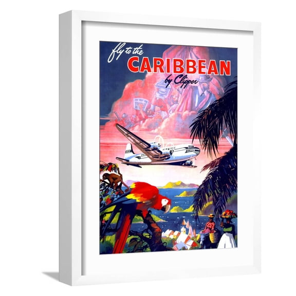 Art.com Fly to the Caribbean by Clipper Vintage Travel Poster Art Print by Piddix, White Frame Wall Art, 17" x 21"