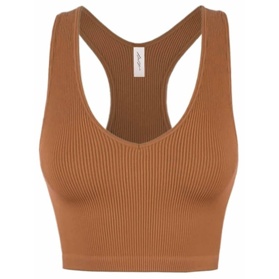 A2Y Women's Ribbed Seamless Workout Cropped Racerback Tank Tops Almond SM