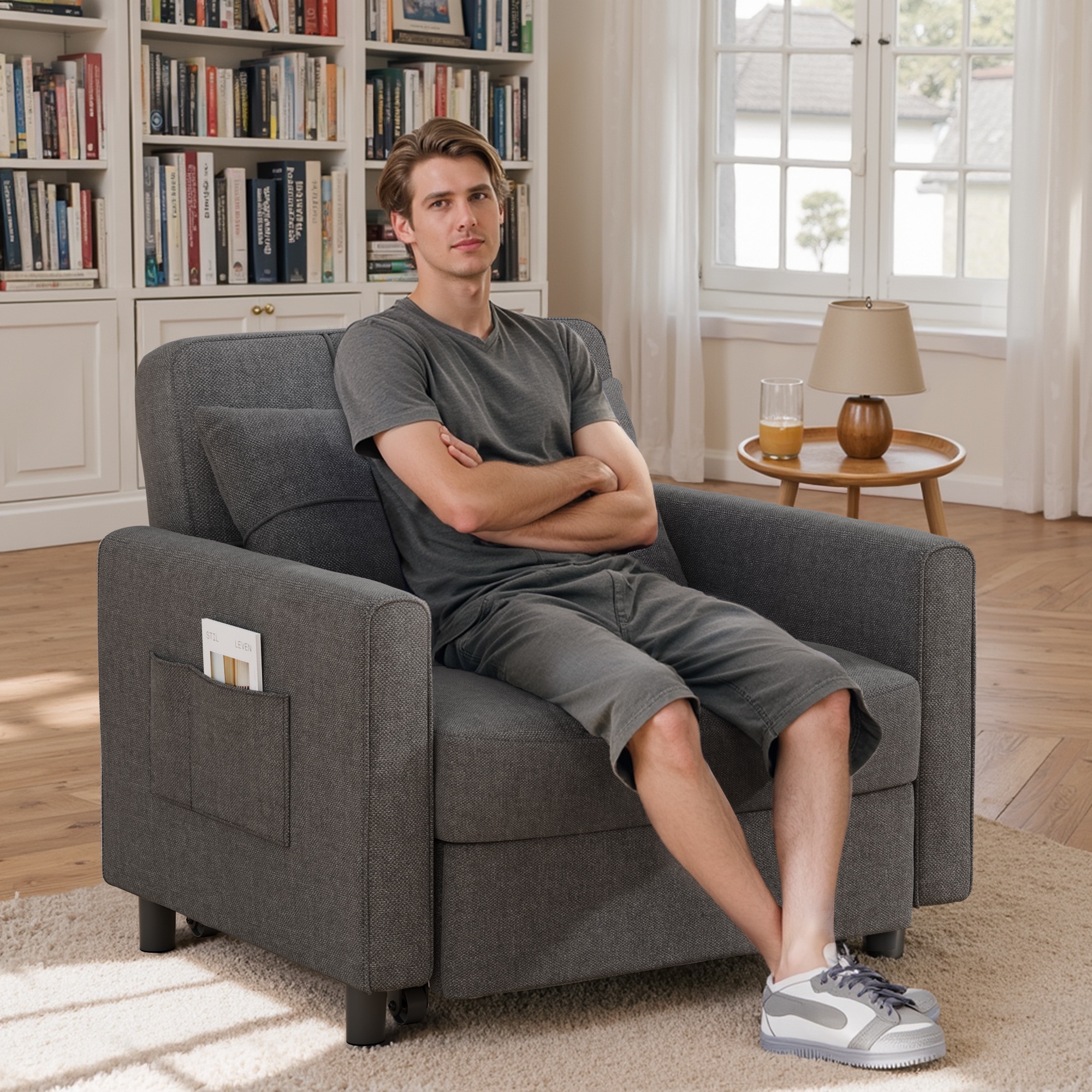 Sofa Bed Chair Convertible, Sleeper Chair with Pull-Out Bed, 3-in-1 Futon Couch with Reclining Backrest and Side Pocket, Dark Grey