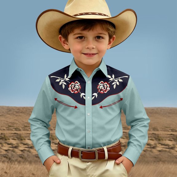 SOFTCCLO Boys Shirts Long Sleeve Lapel Collar Button Down Tops Classic Western Cowboy Print Casual Comfy Shirt for Boys Size 4-5Y