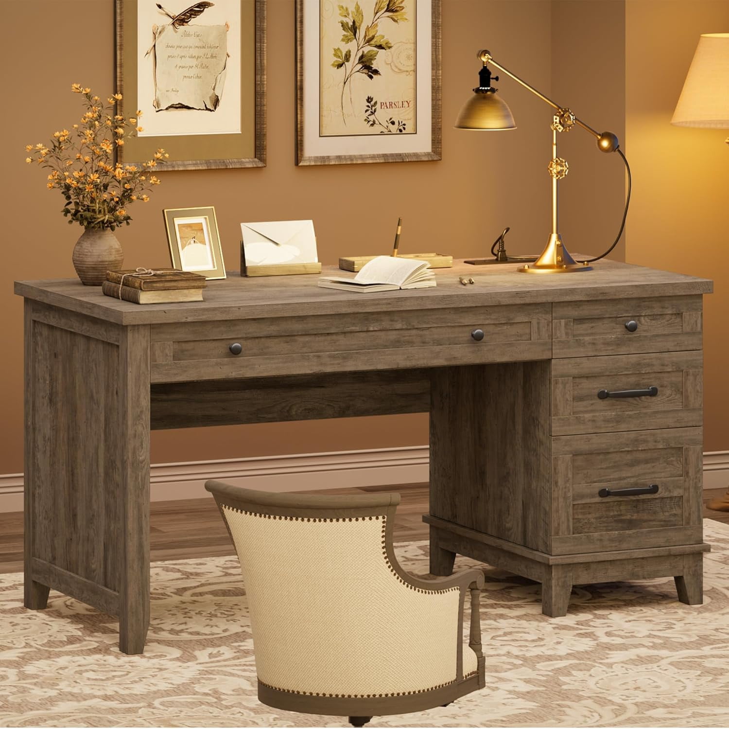 53.5" Farmhouse Home Office Desk with File Cabinet, Wooden Executive Desk with Power Outlet, Work Desk with Drawers, Traditional Wood Desk for Home and Office, Gray