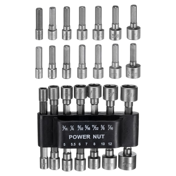 Uxcell 14pcs Hex Nut Driver Drill Bit 3/16"-7/16" 5-12mm Metric SAE 6-Point Drill Socket 1/4" Hex Shank CR-V Steel Quick-Change Nut Impact Driver Bit Set with Bit Holder