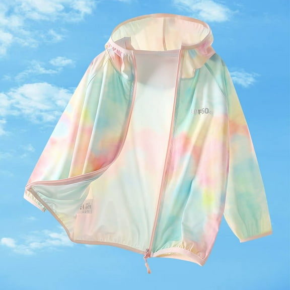 Children Sun Protection Jacket with Hood Zip up Gradient Print Lightweight Breathable Outerwear Cardigan for Outdoor Activities 8Y