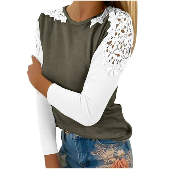 Crinkle Gauze Shirts Women Plus Size Tops Women Casual Round Neck Lace Hollow Out Long Sleeve Pullover Sweatshirt