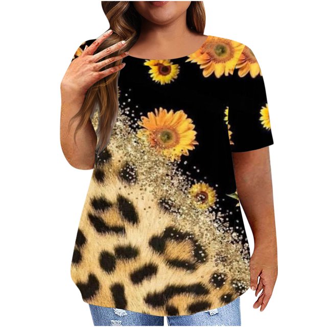 Staron Hauts Grande Taille pour Femmes Hauts Scintillants à Paillettes Chemises Imprimé Léopard Manches Courtes Tunique Col Rond Blouse d'Été Décontractée