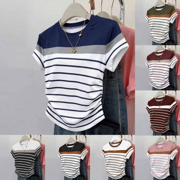 Women's Casual Striped Short Sleeve T Shirts Crewneck Summer Tee Shirts White S(S)