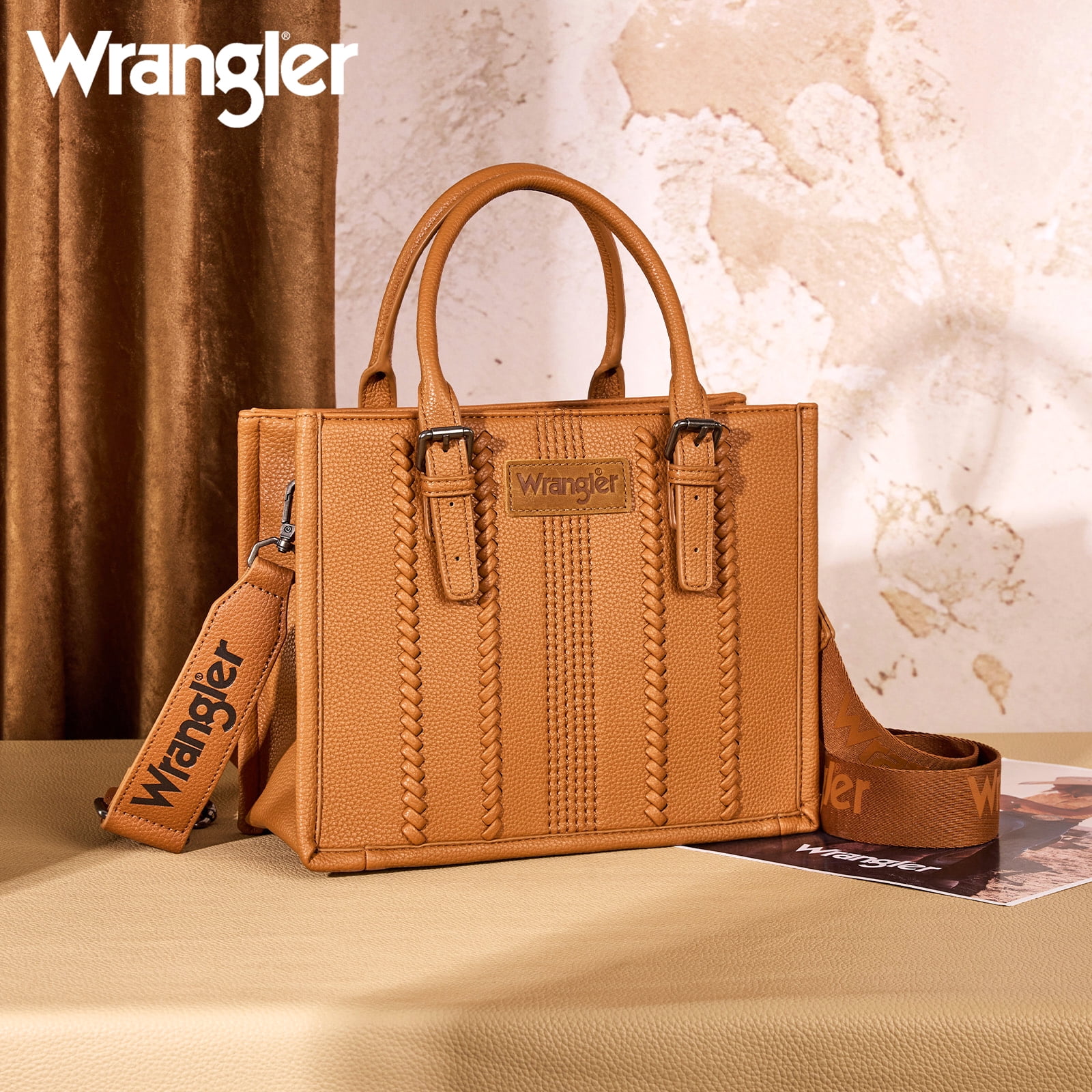 Wrangler Boho Tote Bag for Women Western Purse Retro Top Handle Satchel Handbag with Signature Strap, Brown