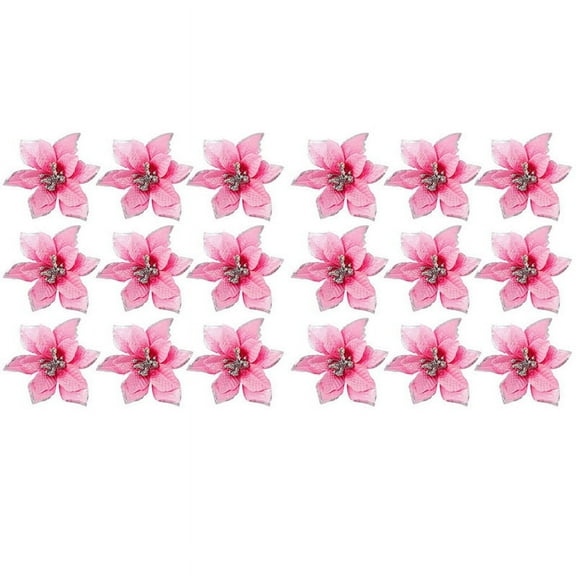100 Pack Glitter Poinsettia Christmas Tree Ornaments 5Inch Artificial Silk Flowers Picks Decor Wreath Garland (Pink)