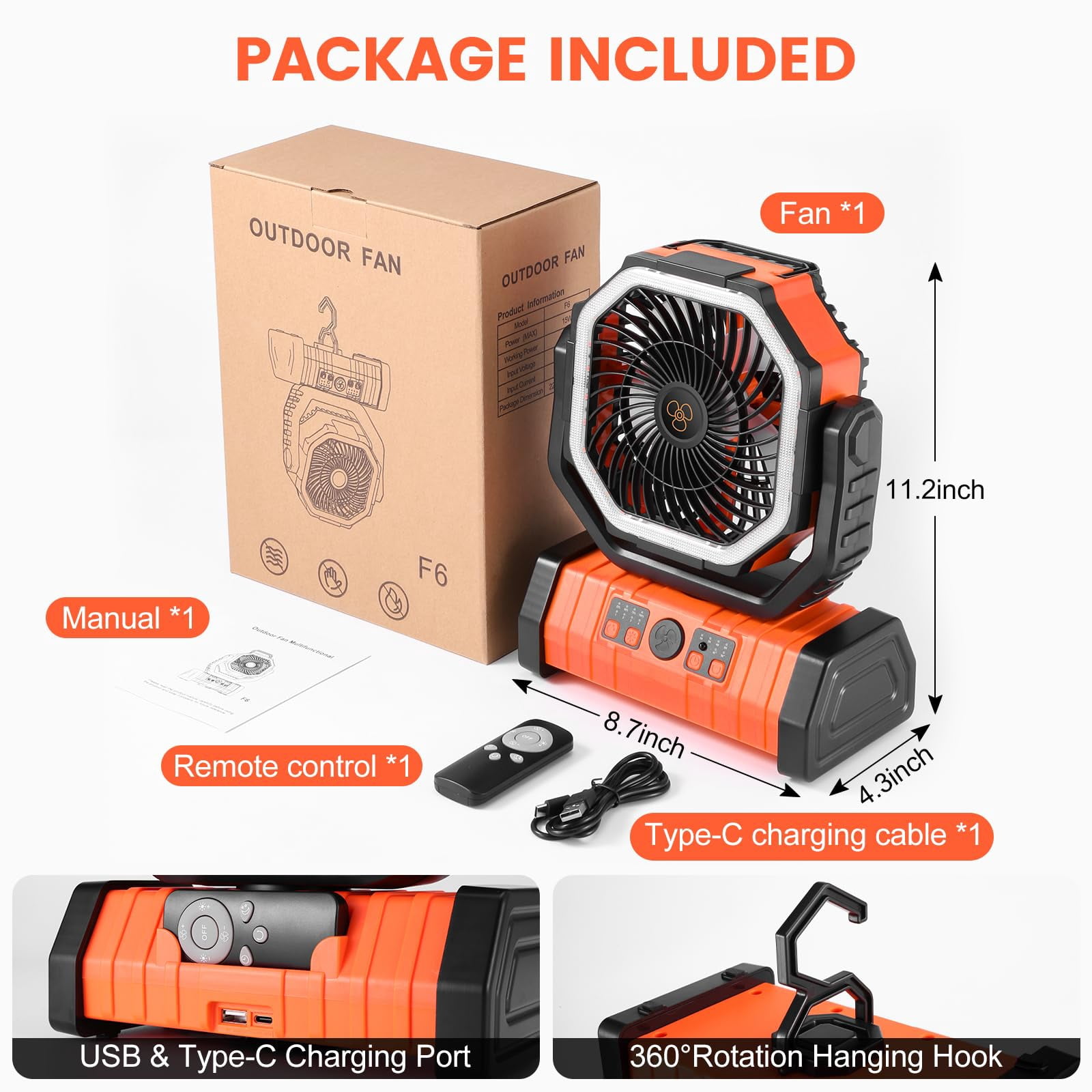 DREAMfair 20000mAh Camping Fan with LED Lantern, Rechargeable Battery Remote Hook, Portable Tent Fan with Timer, 4 Speeds for Outdoor