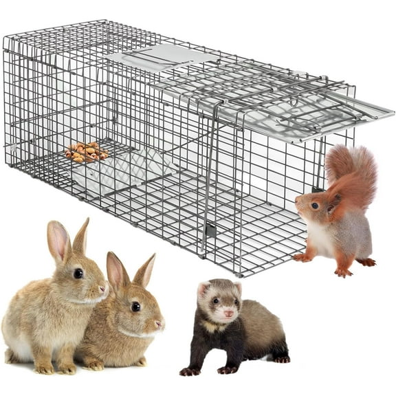 HomGarden Live Animal Cage Trap 32'' Steel Humane Release Rodent Cage for Rabbits, Stray Cat, Squirrel, Raccoon, Mole, Gopher, Chicken, Opossum, Skunk, Chipmunks, Groundhog Squire