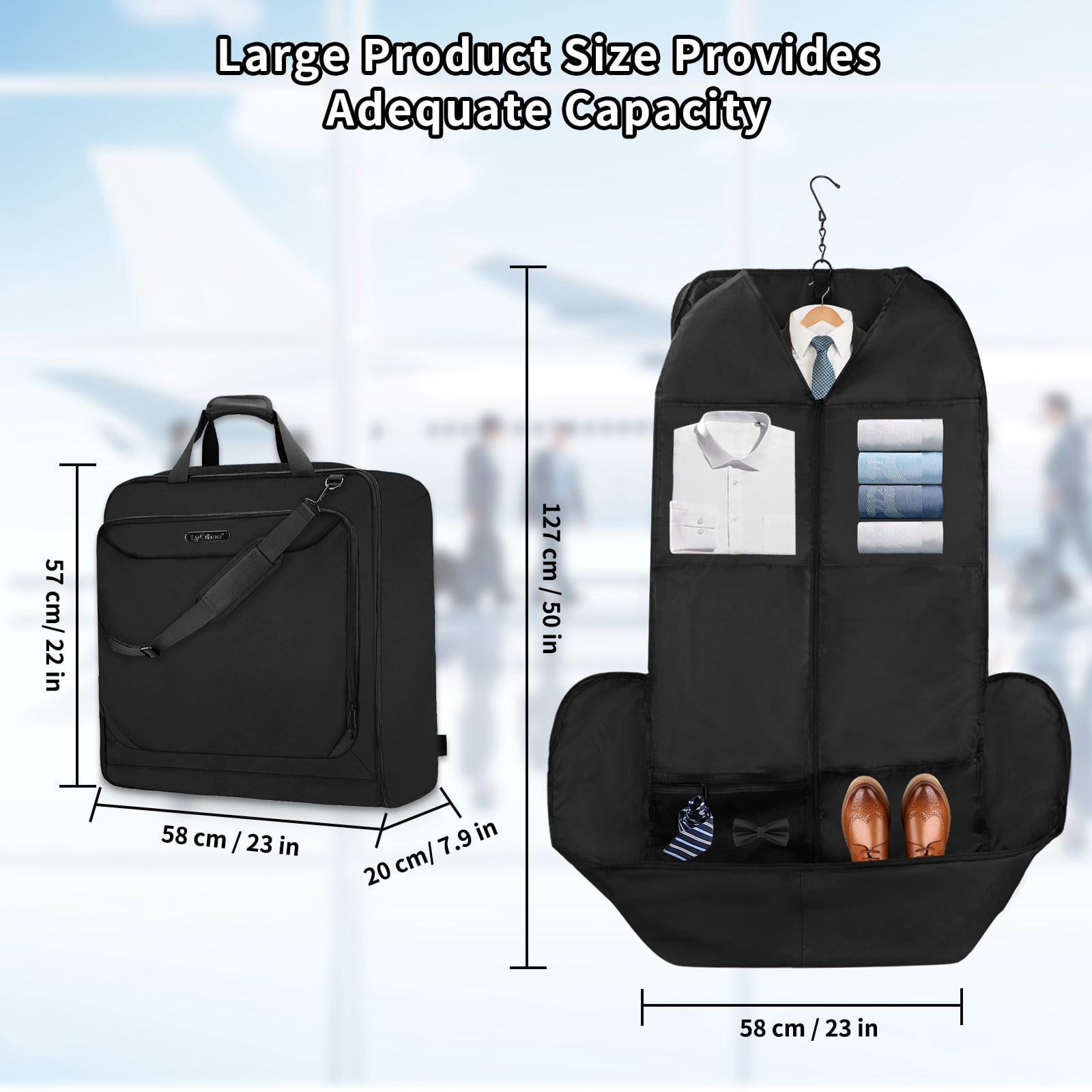 Garment Bags for Travel, Lychee Large Foldable Carry On Garment Bags with Shoulder Strap for Men Women, Business Luggage Suits Case Bag for Hanging Clothes, Black