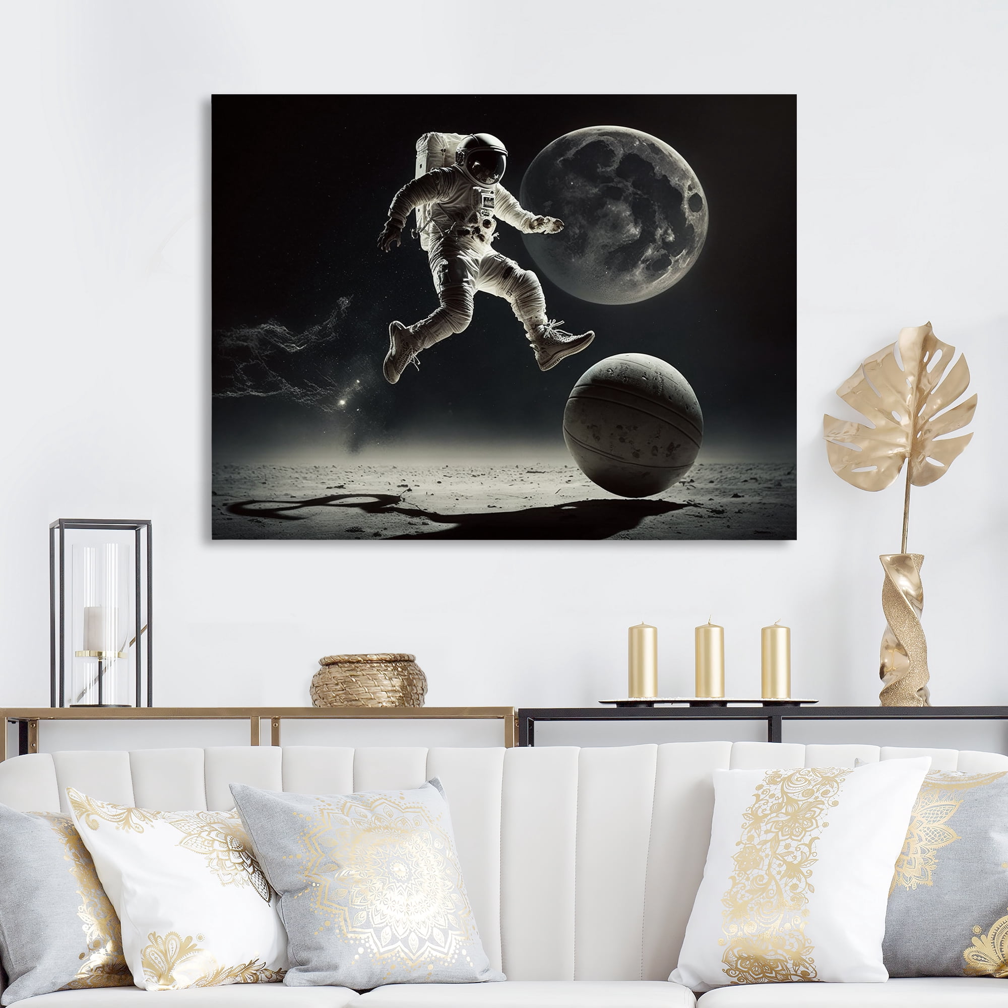 Designart Soccer On The Moon Canvas Wall Art