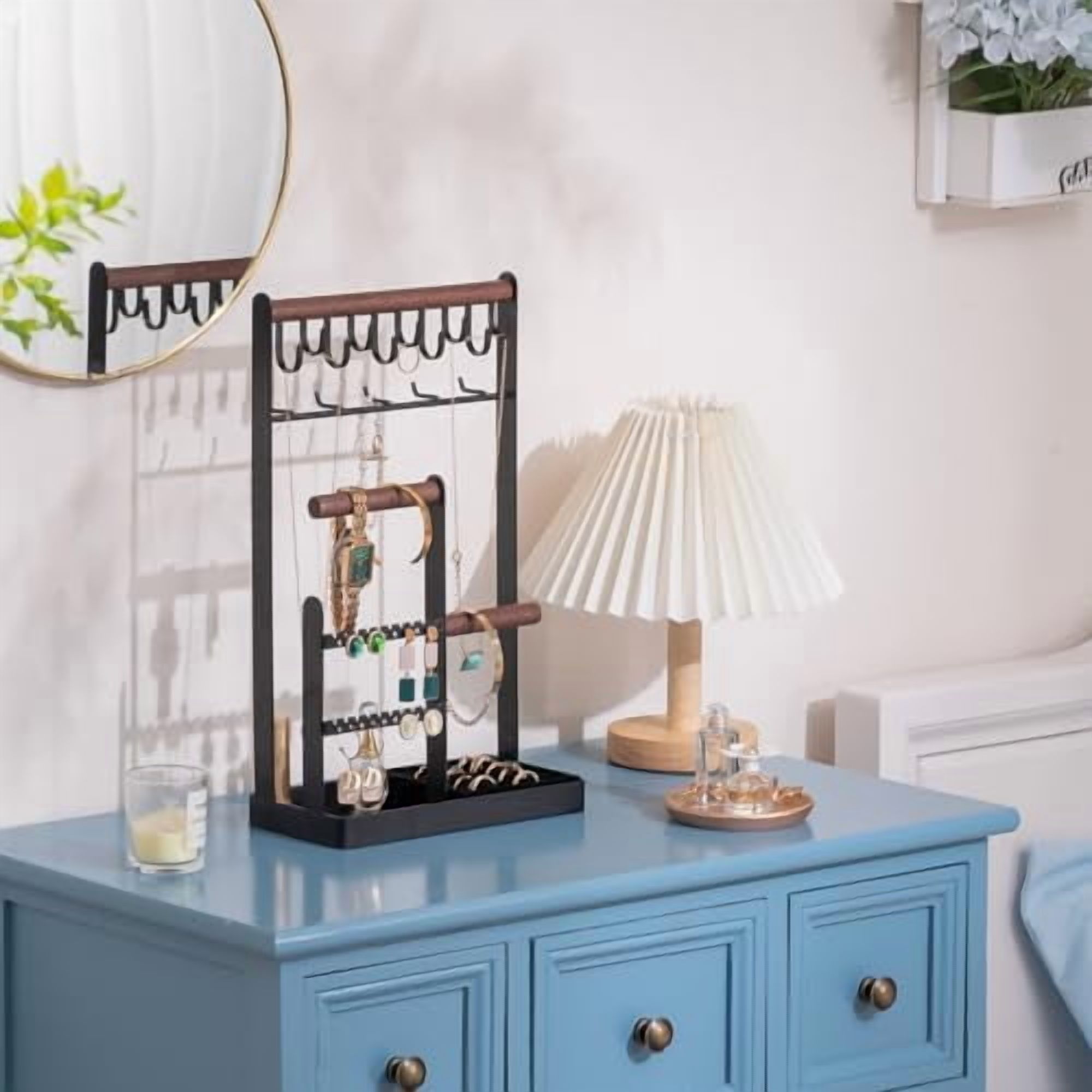 Jewelry Organizer Jewelry Stand Jewelry Holder Organizer, 5-Tier Necklace Organizer with Ring Tray, Large Aesthetic Jewelry Tower Storage Rack Tree for Bracelets Earrings Rings -Large, Black
