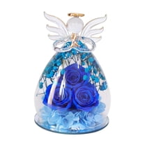 Natural Immortal Flowers Valentines Day Gifts, Angel Figurines Glass Cover with Preserved Forever Real Rose, Glowing Love Decorations Romantic Angel Flowers Gifts for Women, 1Pc(Blue,3.9x3.9x5.9")
