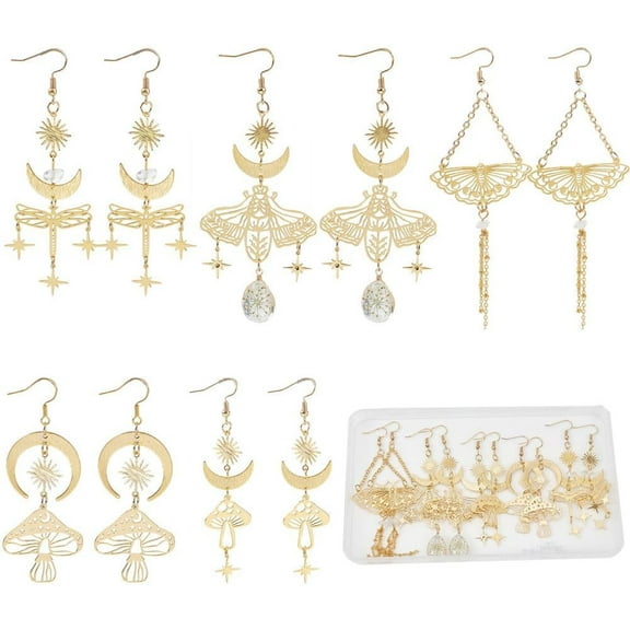 1 Box 5 Style Star Moon Earring Set Long Dangle Earrings Gold Earring Sets Moon Earrings Bulk Tarot Magic Energy Hollow Fashion Dangle Earrings for Women New Year Party Decor Gold