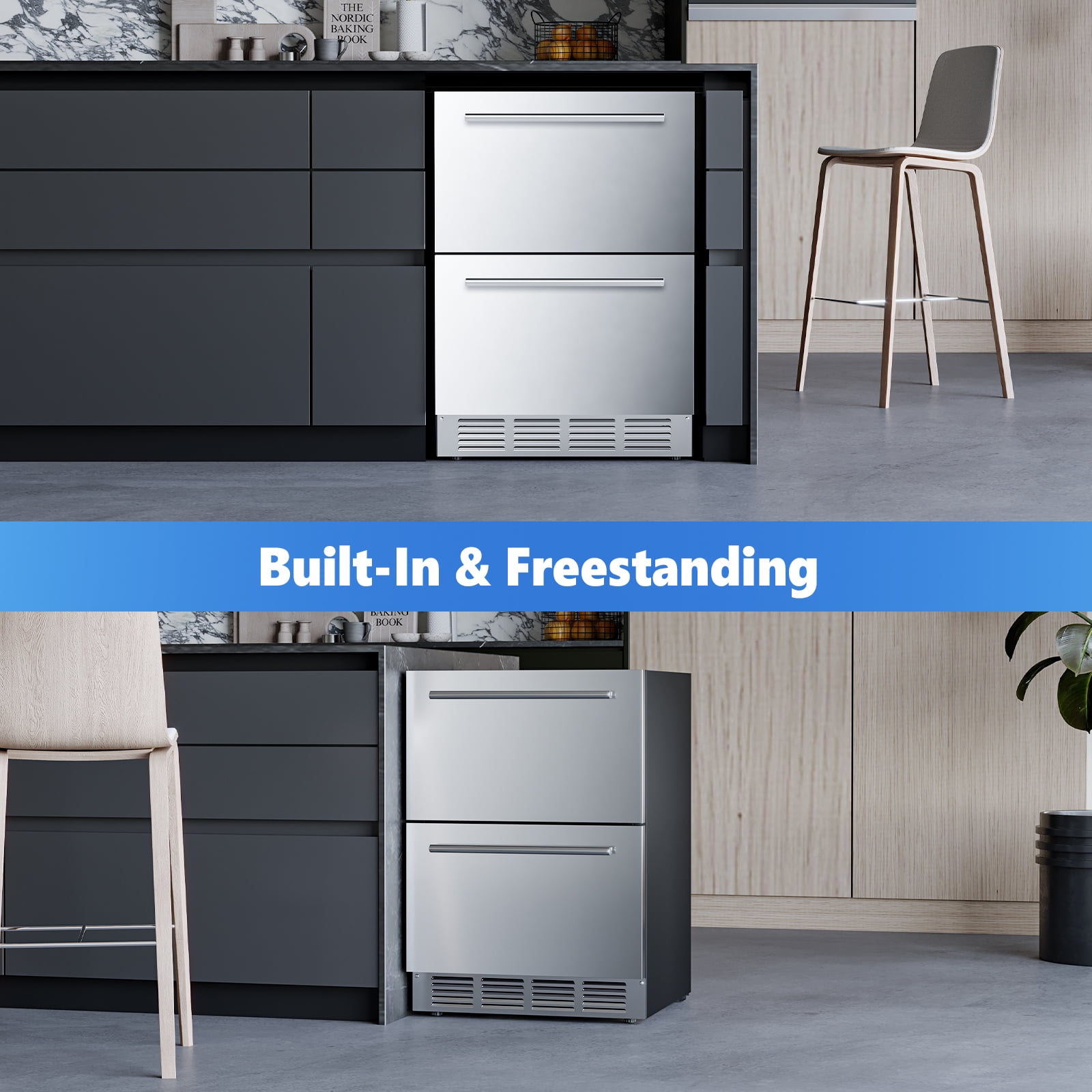 KNDKO 24 Inch Under Counter Refrigerator, 145 Cans Beverage Refrigerator, Stainless Steel Double Drawer Mini Fridge for Undercounter Built-in or Freestanding,Wine Cooler for Home & Patio