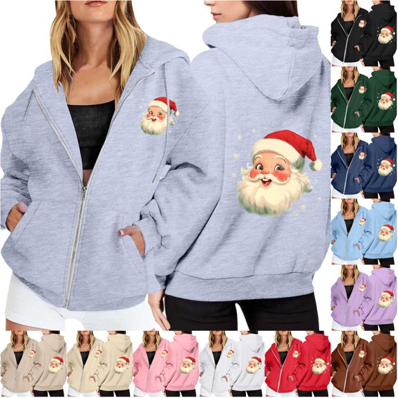 NinXxx Ladies' Christmas Zipper Long Sleeve Pocket Drawstring Hooded Sweatshirt Grey M