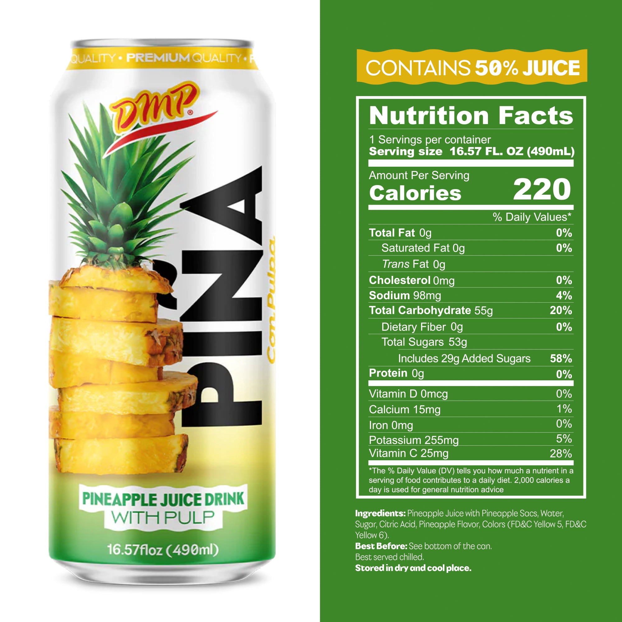 De Mi Pais Pineapple Juice with Pulp & Fruit Chunks,Canned Juice 16.57 Fl Oz, 6-Pack