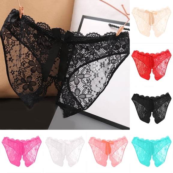 Aobny Black Stretch Women's Panties Summer Crotchless Open Crotch Panties Sheer Lace Underpants for Woman,M-L