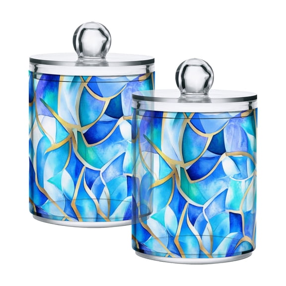 Blue Glass Pattern Cotton Swabs Cans Translucent Plastic Canisters Dustproof Lid for Bathroom Storage