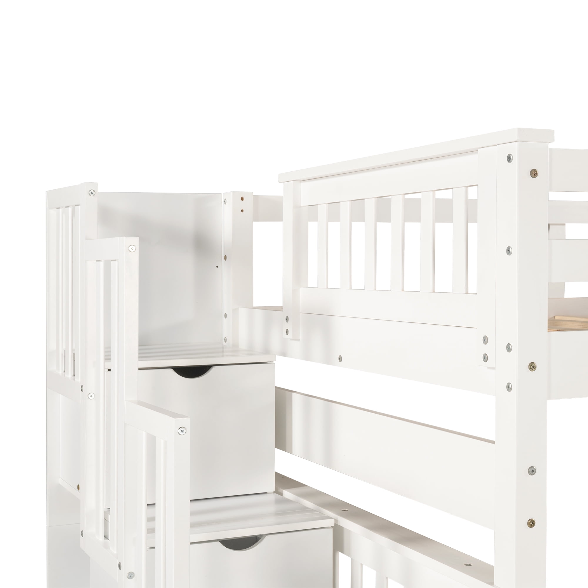 Kepooman Full Over Full Modern Wooden Bunk Bed with Shelves & 6 Storage Drawers, 96.8" * 56.7" * 67", White Kepooman Full Over Full Modern Wooden Bunk Bed with Shelves & 6 Storage Drawers, 96.8" * 56.7" * 67", White