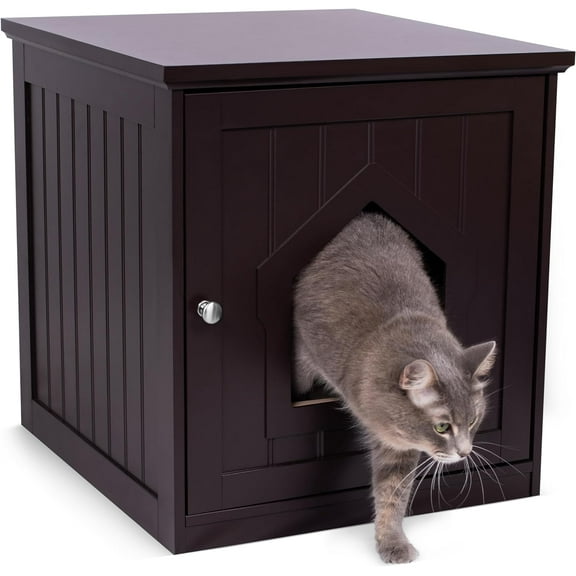 Cat Litter Box Furniture Enclosure - Hidden Kitty Litter Cat House with Hinged Door, Nightstand, Side Table & Pet Crate, Indoor & Outdoor Wood Cabinet for Small Cats and Dogs - Espresso