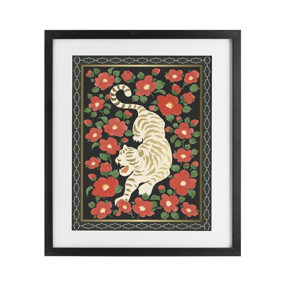 Stupell Industries Ivory Tiger Among Camelias Black Framed Print Under Glass, design by Karolina Sato