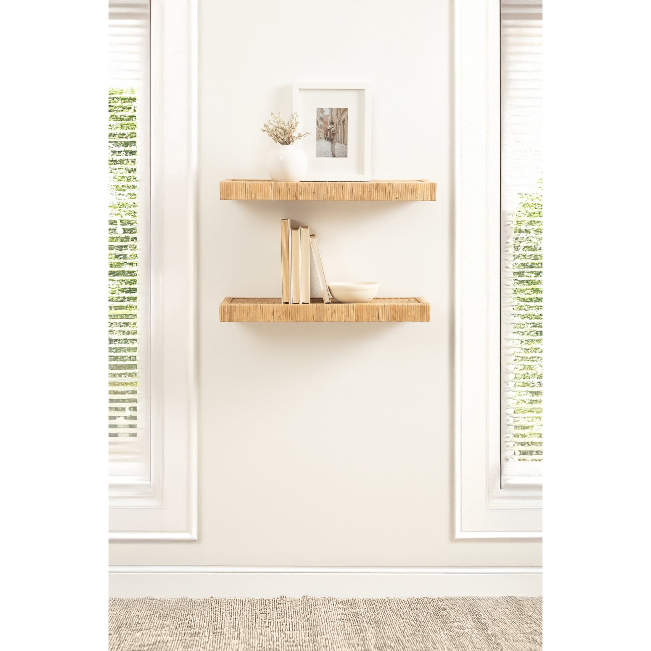 Kate and Laurel Rahmati Modern Rattan Floating Shelves, Set of 2, 24 x 8, Natural Rattan, Boho Bathroom and Kitchen Shelves for Above Toilet or Cute Nursery Bookshelves