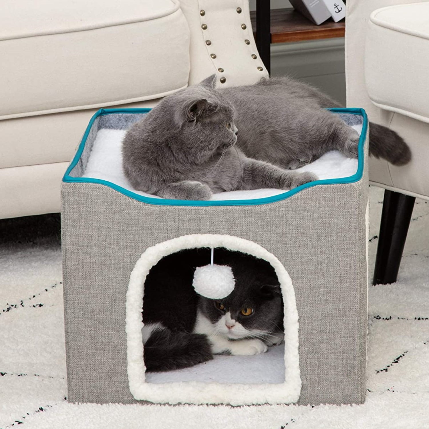 Cat Bed, HDJ Cat House with Scratch Pad and Fluffy Ball Hanging for Cat, Dog,Pets ,16.5x16.5x14 inches, Grey
