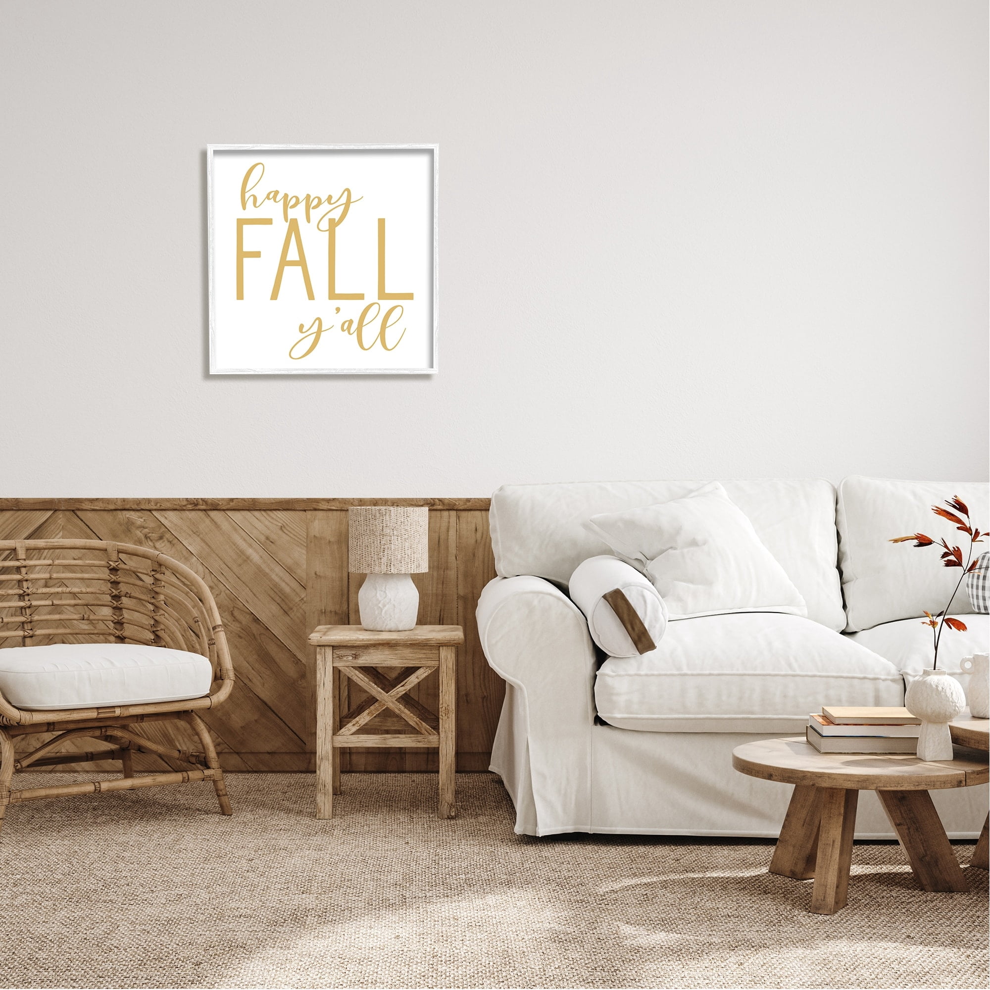 Stupell Industries Happy Fall Y'all Casual Yellow Seasonal Typography Graphic Art White Framed Art Print Wall Art, Design by Lettered and Lined