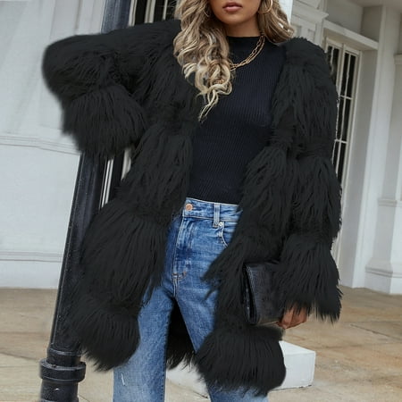 

Juebong Plus Size PU Leather Basic Streetwear Dressy Women Warm Coats Faux Coat Solid Color Furry Faux Jacket Long Sleeve Outerwear Overcoat Black XXL