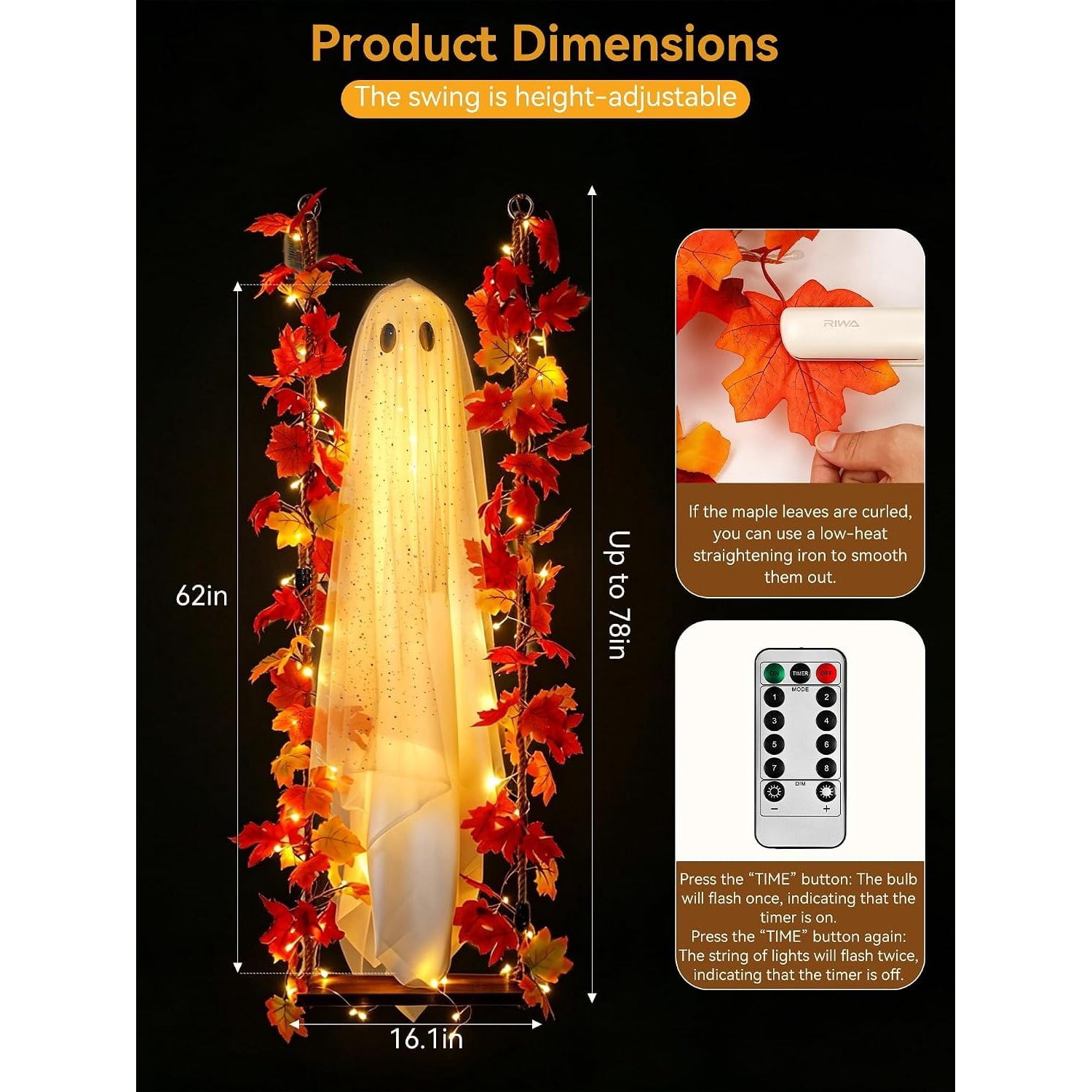 Hanging Ghost Halloween Decoration with Maple Leaf Swing and String Lights, 5.3 ft Ghost, Adjustable 6.6 ft Swing, Indoor Outdoor Yard Porch Tree Decor