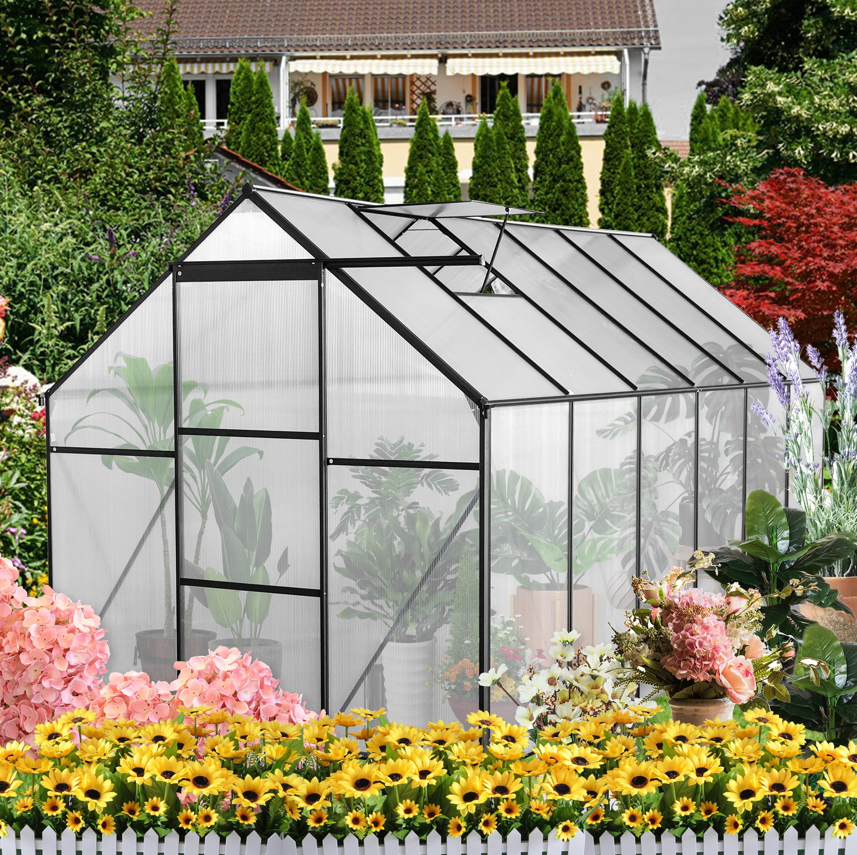 Roninkier 6x12 ft Walk-in Polycarbonate Greenhouse for Outdoor Backyard in All Season, Black
