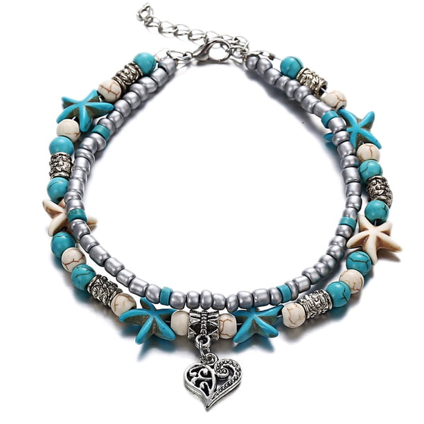 Tobillera de doble capa con cuentas y cadena de estrella, accesorios de joyería para mujer.