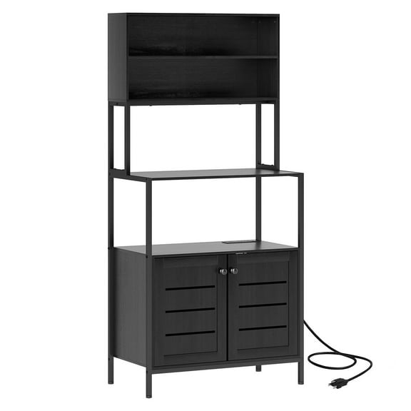 Baker's Rack with Power Outlet, Microwave Stand with Storage, Black Coffee Bar Cabinet