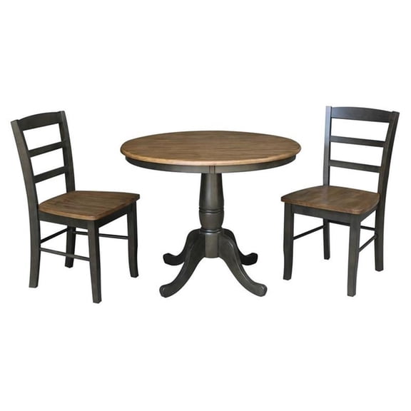 3-piece Solid Wood Dining Set with 36'' Round Pedestal Table and 2 Madrid Ladder Back Chairs in Hickory/Washed Coal by International Concepts
