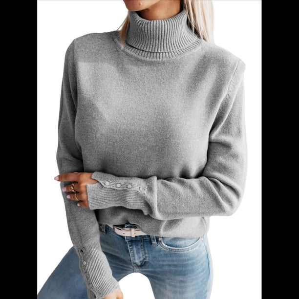Suéter de Punto Elegante de Larga con Solapa para Mujer, Suéter con Botones de Color Liso para Otoño e Invierno Gris S