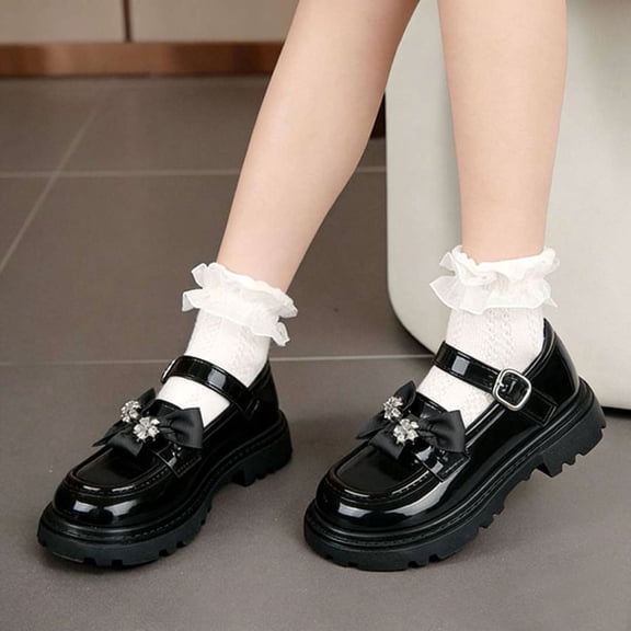 Girls Black Patent Faux Leather Mary Jane School Shoes with Chunky Sole, Adjustable Strap & Bow for Back to School Comfortable Everyday Wear,Size 9-9.5T