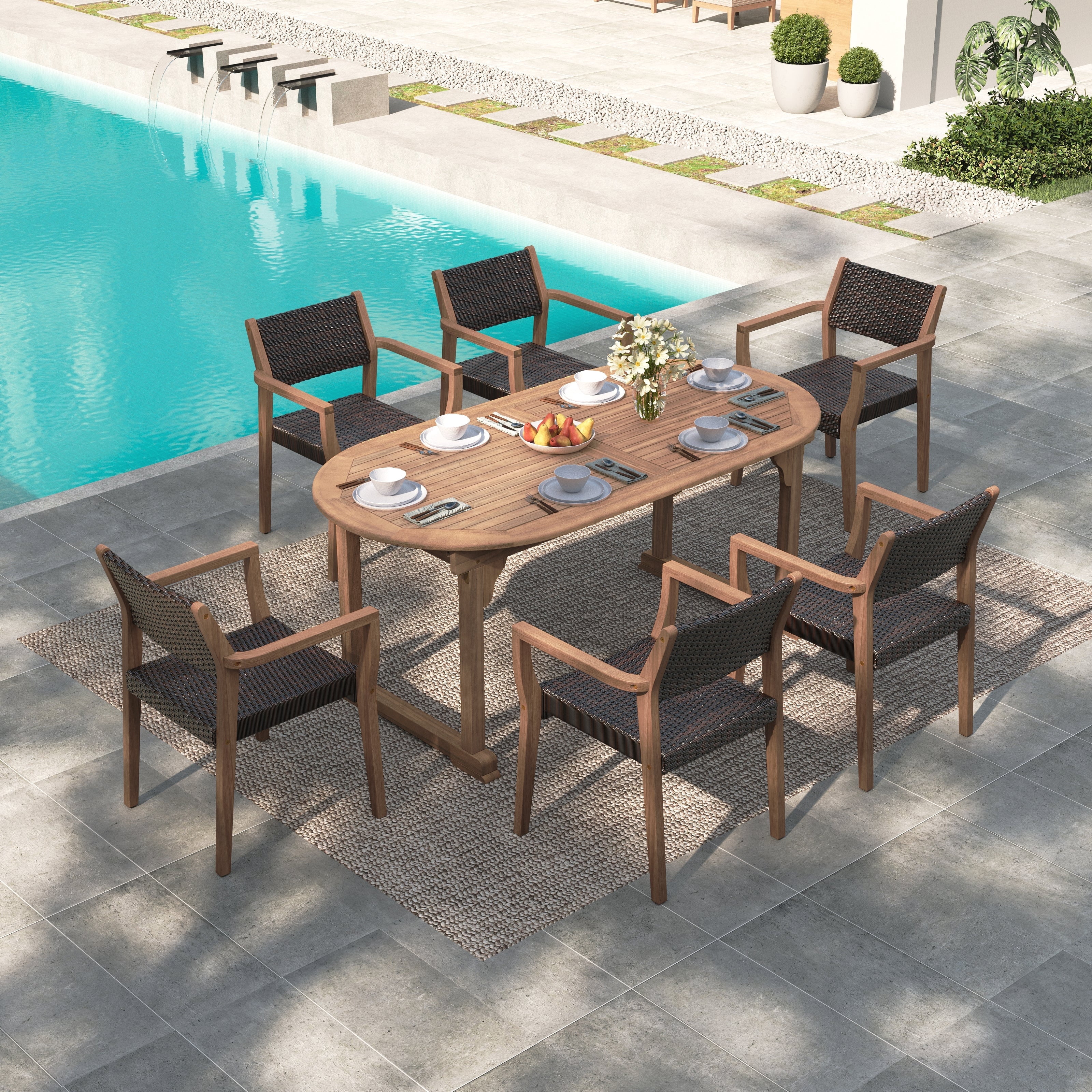MF Studio 7-Piece Acacia Wood Outdoor Patio Dining Set with Extendable Table and Rattan Chair for 6 People, Wood Frame & Wicker Seat, Dark Brown