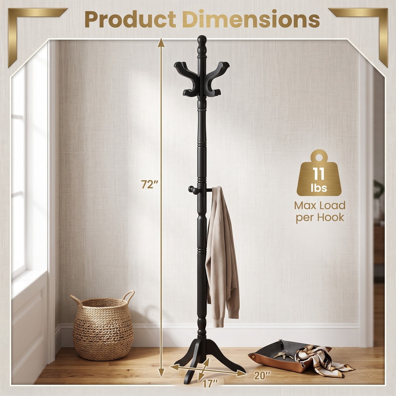 Furnibear Solid Wood Hall Tree Freestanding Coat Rack with 11 Hooks and 3 Height Options for Entryway Hallway Bedroom and Office, Black