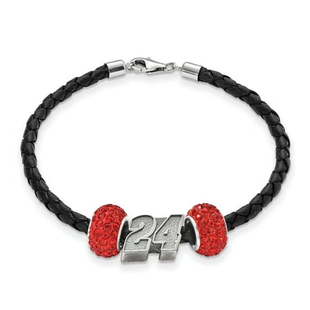 Sterling Silver Antiqued LogoArt NASCAR #24 William Byron Crystal Leather Bracelet