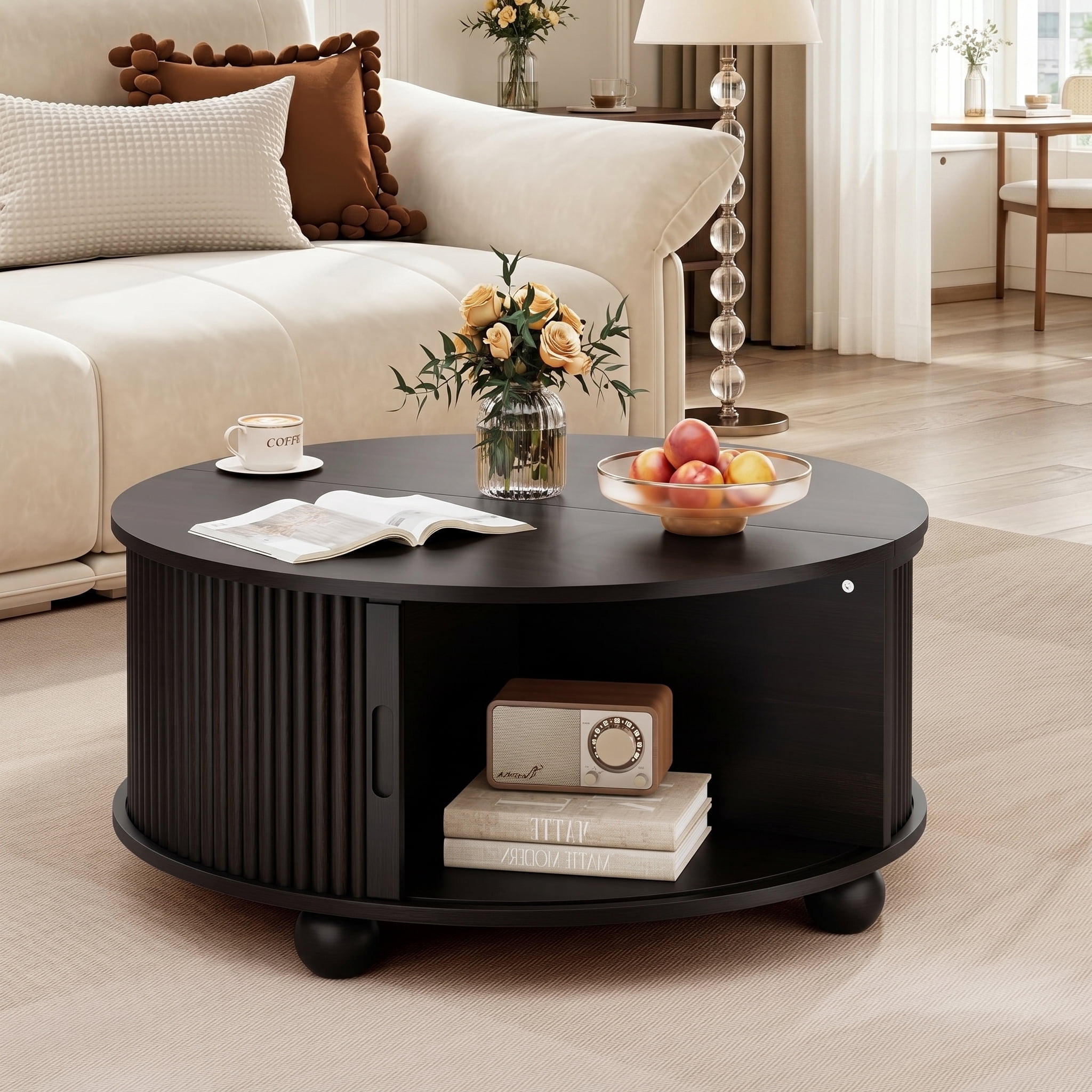 AISWORD 31.5" Fluted Round Coffee Table with Storage, Mid Century Modern Lift Top Drum Accent Table for Living Room Small Space, Brown